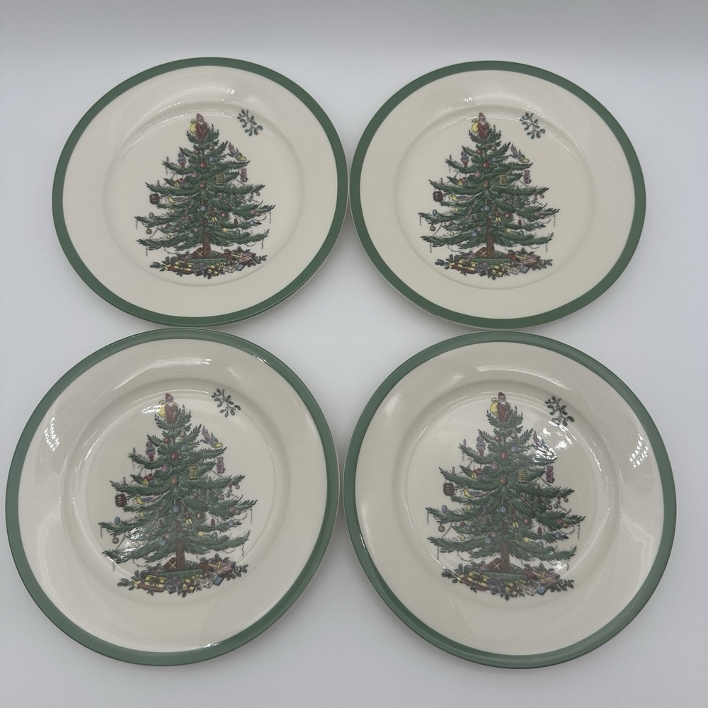4 Vintage Spode Christmas Tree Dessert Salad Plates  Set Of 4 7 3/4"